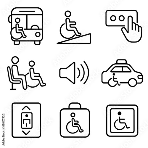 Transportation Accessibility Icons. Outline icon set of transportation accessibility: accessible bus,