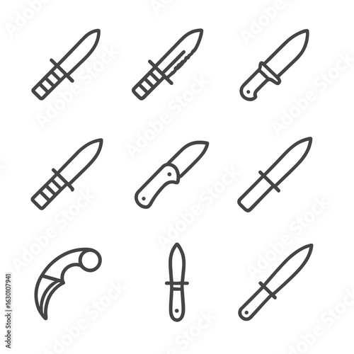 Field Knife Icon Set. Outline icon set of field knife types: combat knife, survival knife, hunting knife, tactical knife, folding