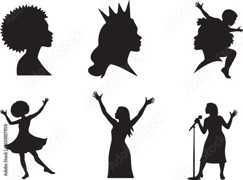 Diverse women silhouettes celebrating, dancing, singing, and embracing life