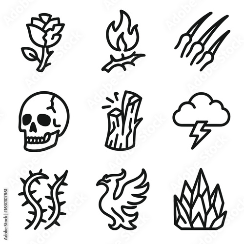 Fierce Icons Collection. Outline icon set of fierce beauty: shattered rose, burning thorn, sharp claw, cracked skull, splintered