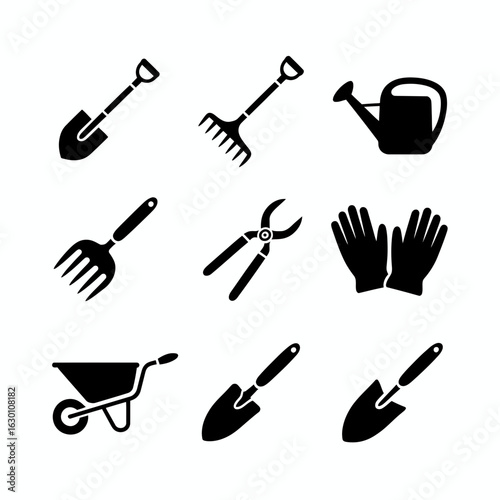 Collection of gardening tools and equipment silhouettes isolated on white background