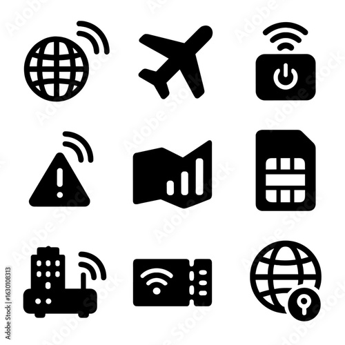 Travel Wi-Fi Icons. Solid, filled icons set of travel and roaming Wi-Fi: globe with signal, airplane Wi-Fi