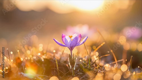 Purple crocus bloom sunrise