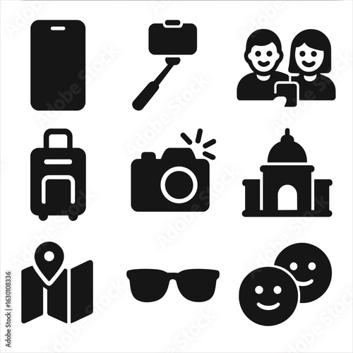 Travel Selfie Icons. Solid, filled icons set of Travel selfie icons: smartphone, selfie stick, two friends,