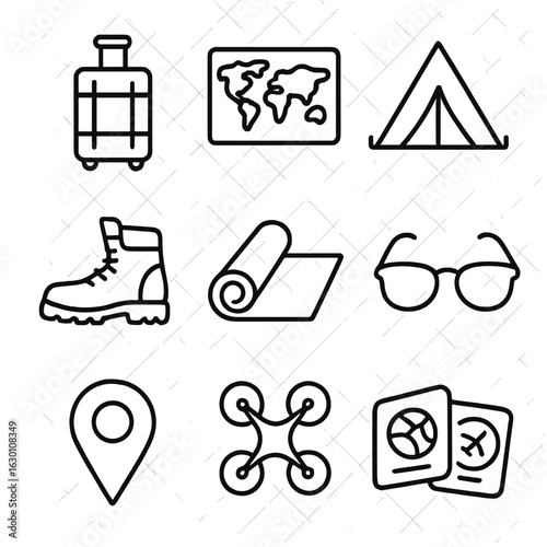 Travel Work Balance Icons. Outline icon set of travel and work balance: suitcase, world map, tent, hiking