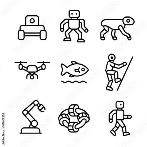 Robotic Locomotion Icons. Outline icon set of robotic locomotion: wheeled robot, walking robot, crawling robot, flying drone,