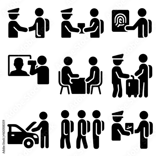 Traveler Interaction Icons. Solid, filled icons set of traveler interactions at border: officer handshake,