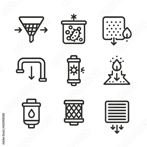 Filter Icon Set. Outline icon set of filter types by function: mechanical filter, biological filter, chemical filter, reverse