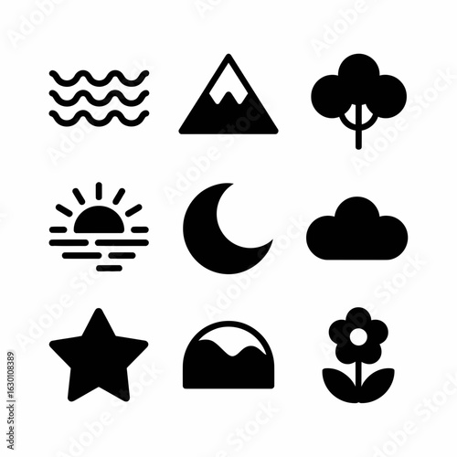 Collection of nature and celestial body icons in silhouette isolated on white background