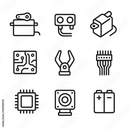 Robotics Parts Icons. Outline icon set of robotics parts: servo motor, sensor, actuator, circuit board, robotic claw, wiring