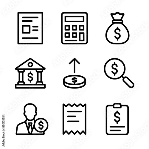 Finance Icon Set. Outline icon set of inheritance tax and finance: tax form, calculator, money bag, bank building, tax refund,
