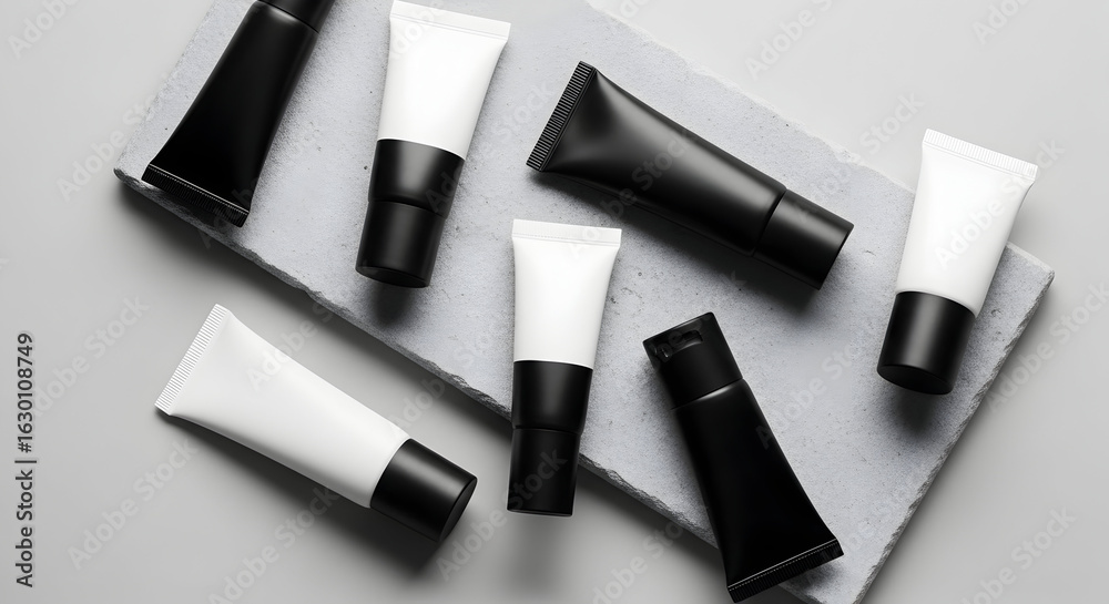 Obraz premium Cosmetic tubes on gray background