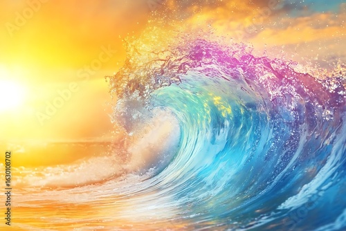Vibrant ocean wave illuminated by golden sunlight with a spectrum of rainbow colors in its spray