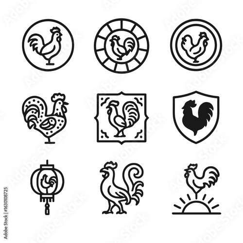 Rooster Symbolism Icons. Outline icon set of rooster in culture and symbolism: Chinese zodiac rooster, zodiac wheel segment,