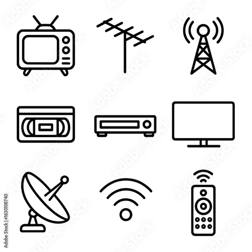 TV Evolution Icons. Outline icon set of TV evolution: classic television, antenna, broadcast tower, VHS