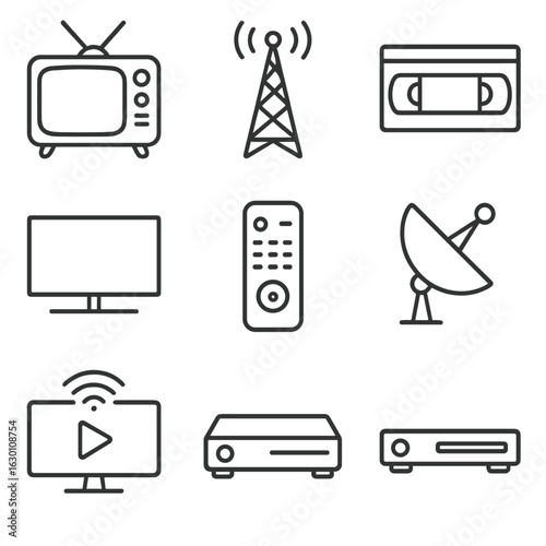TV Evolution Icons. Outline icon set of TV history: vintage TV, broadcast antenna, video tape, DVD player,