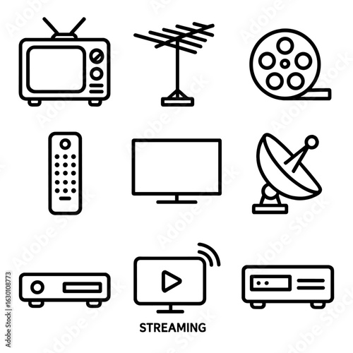 TV Evolution Icons. Outline icon set of TV historical development: vintage TV, antenna, film reel, remote