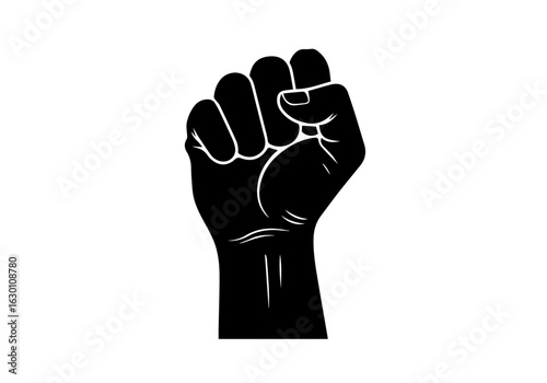 Vector illustration of a raised fist. A black silhouette symbol of power, solidarity, and resistance on a white background.