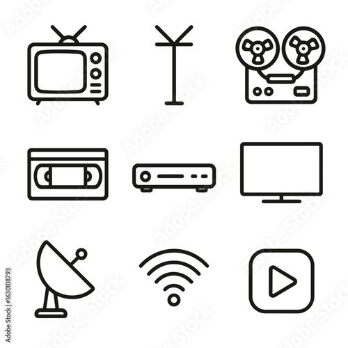 TV Evolution Icons. Outline icon set of TV development stages: tube TV, antenna, reel-to-reel, VHS tape, cable