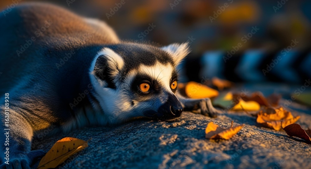 Obraz premium A closeup of a lemur sunning on a rock in a green forest and looking into camera