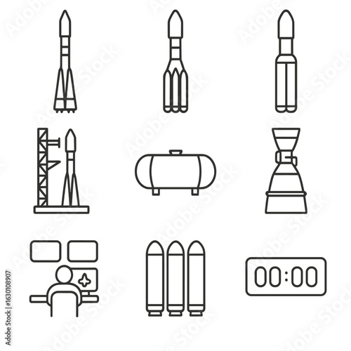 Roscosmos Rocket Icons. Outline icon set of Roscosmos launch vehicles: Soyuz rocket, Proton rocket, Angara rocket, launch pad,