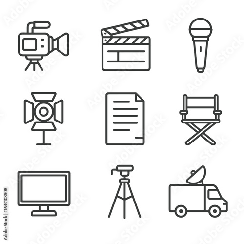 TV Production Icons. Outline icon set of TV production: camera, clapperboard, microphone, studio light, script