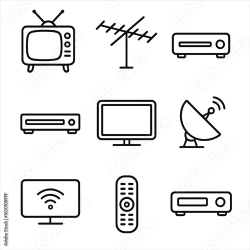 TV Technology Progress. Outline icon set of TV technology progress: black and white TV, antenna, cable box,