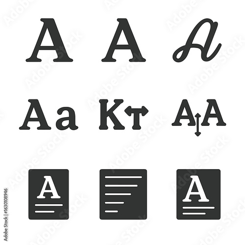 Typography Icon Grid. Solid, filled icons set of typography in branding: serif font, sans-serif font, script