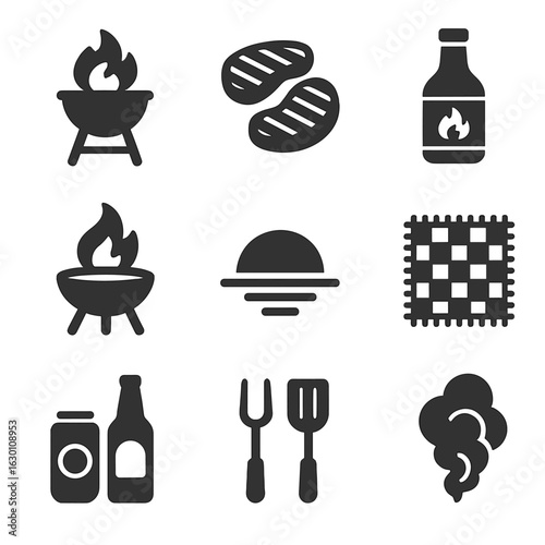 Twilight Grilling Icons. Solid, filled icons set of twilight grilling party: grill flame, steaks, BBQ sauce,