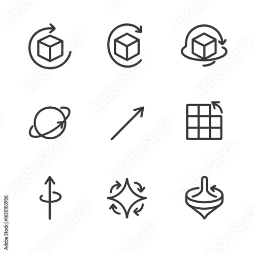 3D Rotation Icons. Outline icon set of 3D rotation concepts: pitch rotation, yaw rotation, roll rotation, orbital rotation,