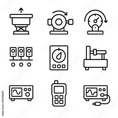 Rotation Control Icons. Outline icon set of rotation control test equipment: vibration table, torque sensor, angular displacement