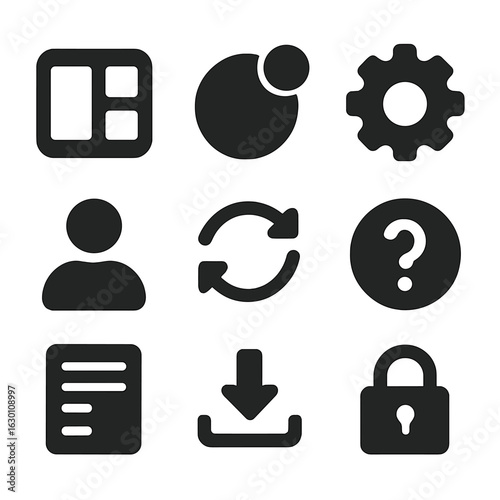 UI Element Icons. Solid, filled icons set of user interface elements: app dashboard, notification badge,
