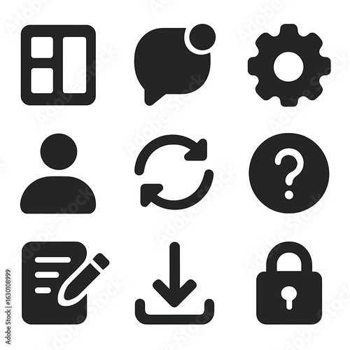 UI Element Icons. Solid, filled icons set of user interface elements: app dashboard, notification badge,