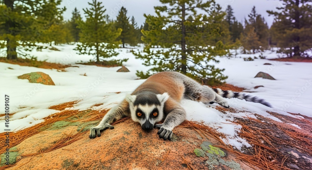 Obraz premium A closeup of a lemur sunning on a rock in a green forest and looking into camera