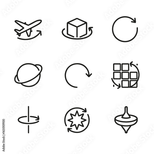 3D Rotation Icons. Outline icon set of 3D rotation concepts: pitch rotation, yaw rotation, roll rotation, orbital rotation,