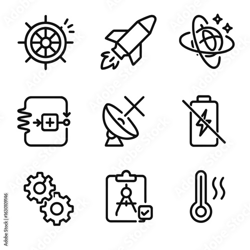 Rotational Control Failures Icons. Outline icon set of rotational control failures: wheel saturation, thruster malfunction, sensor