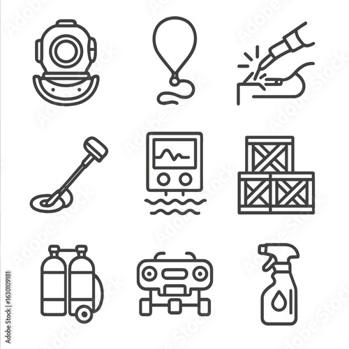Underwater Salvage Icons. Outline icon set of underwater salvage operations: diving helmet, lift bag,