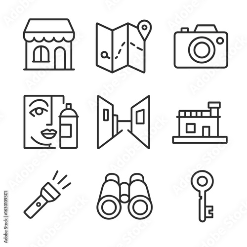 Unique City Tour Icons. Outline icon set of off-the-beaten-path city tours: hidden cafe, map, camera, street