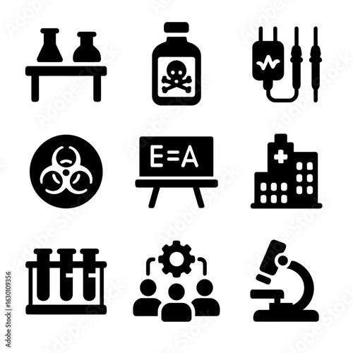 University Lab Icons. Solid, filled icons set of university research labs and centers: lab table, chemical