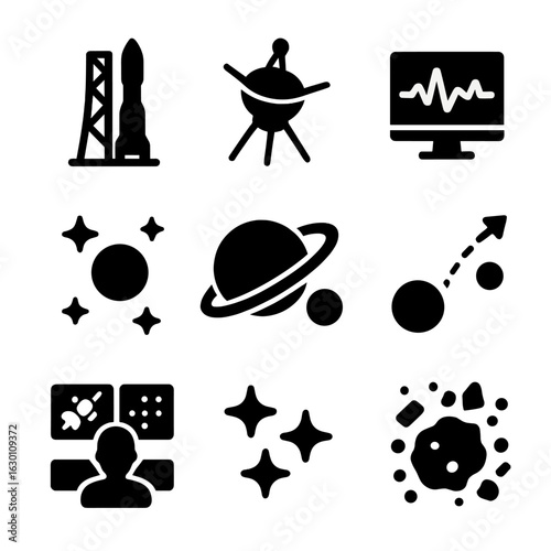 Unmanned Space Icons. Solid, filled icons set of unmanned space missions: launch pad, space probe, telemetry,