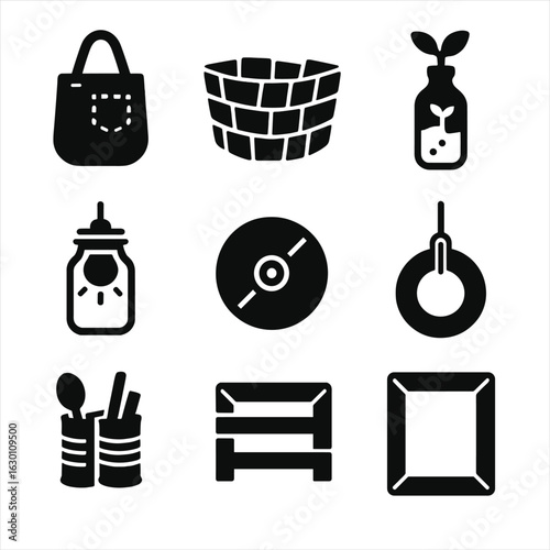 Upcycled Icons Collection. Solid, filled icons set of upcycled material objects: denim tote bag, newspaper