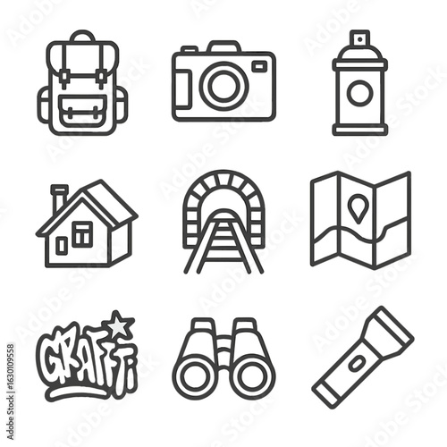 Urban Adventure Icons. Outline icon set of urban adventure: backpack, camera, spray paint, rooftop, tunnel,
