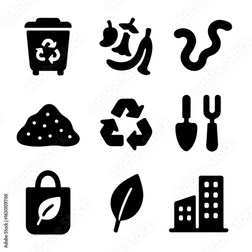 Urban Composting Icons. Solid, filled icons set of composting in urban environments: compost bin, kitchen