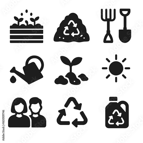 Urban Composting Icons. Solid, filled icons set of urban garden composting: raised beds, compost pile, garden