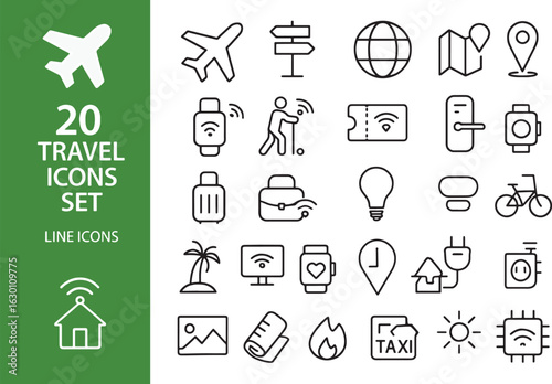 Collection of twenty travel icons in a minimalist line art style perfect for web design and application interfaces