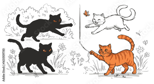 Vector illustration set of domestic cats. Playful felines, including a ginger tabby and black cats, in a hand-drawn style.