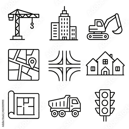 Urban Development Icons. Outline icon set of urban sprawl: crane, skyscraper, construction equipment, city map