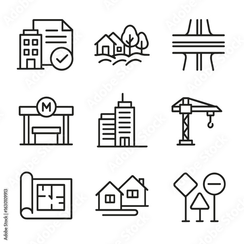 Urban Development Icons. Outline icon set of city development: building permits, urban sprawl, highways,