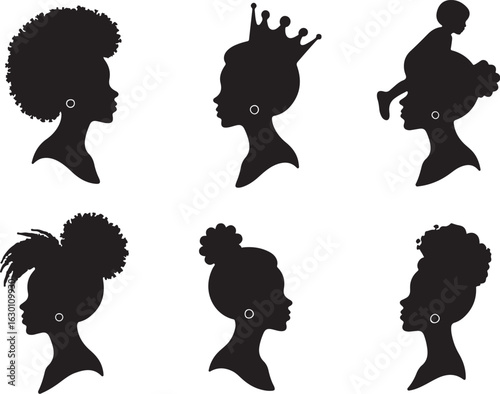 Chic silhouettes of women with diverse hairstyles and a child