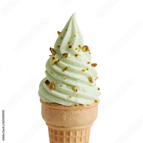 Indulge in creamy pistachio soft serve ice cream topped with crunchy nuts, a perfect summer treat.